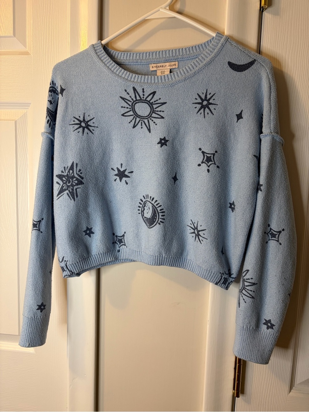 Sincerely Jules Celestial Star Sun Moon Graphic Cropped Knit Sweater -M